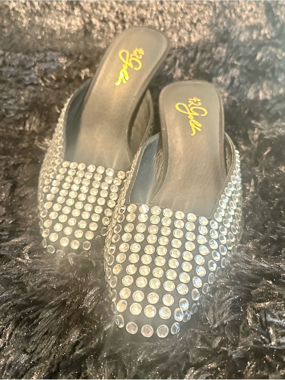 42 GOLD Black Slip-On Mules with Clear Crystal Embellishments